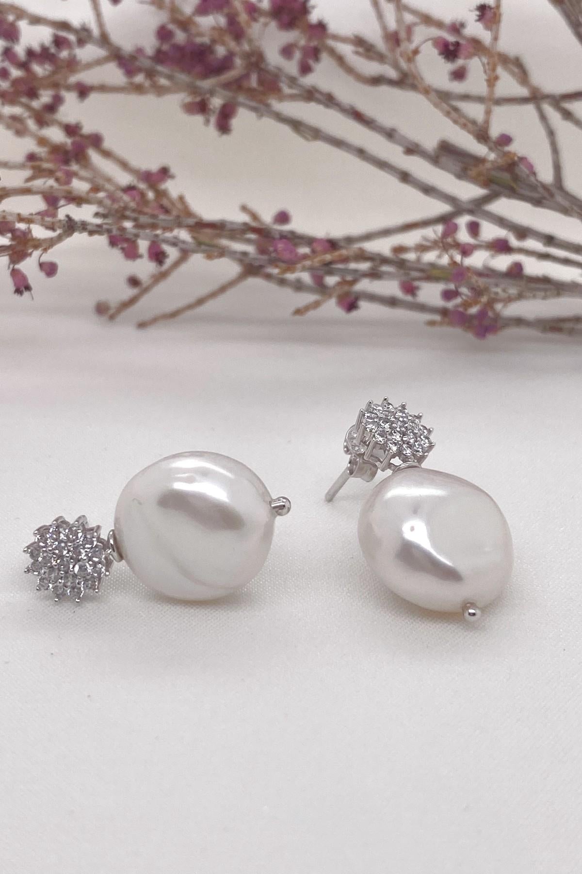 Zirkon Taşlı Barok Doğal İnci Küpe Kolye İkili Set