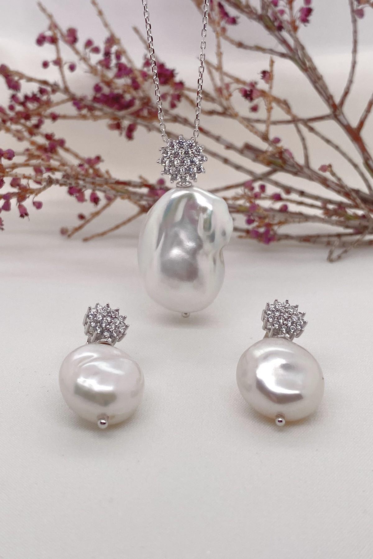 Zirkon Taşlı Barok Doğal İnci Küpe Kolye İkili Set