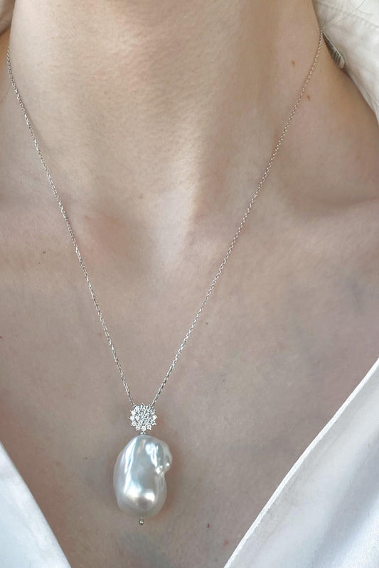 Zirkon Taşlı Barok Doğal İnci Küpe Kolye İkili Set