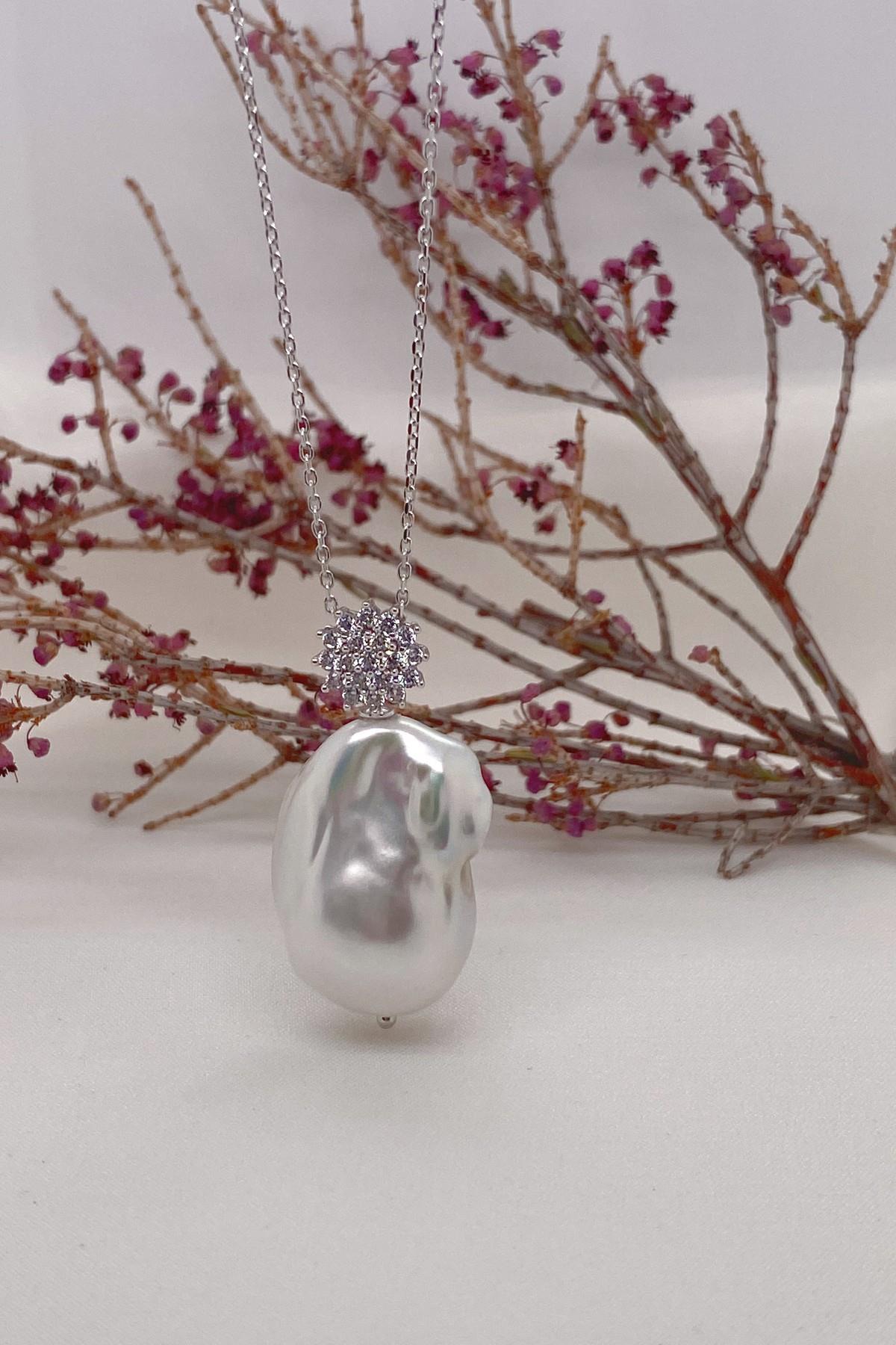 Zirkon Taşlı Barok Doğal İnci Küpe Kolye İkili Set