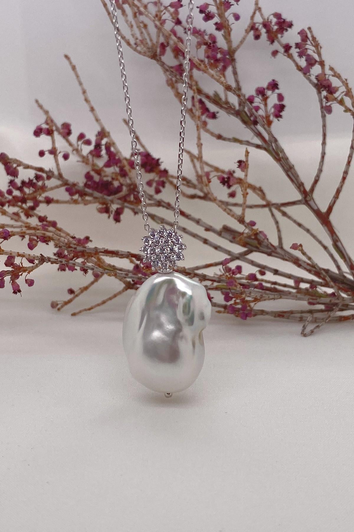 Zirkon Taşlı Barok Doğal İnci Kolye