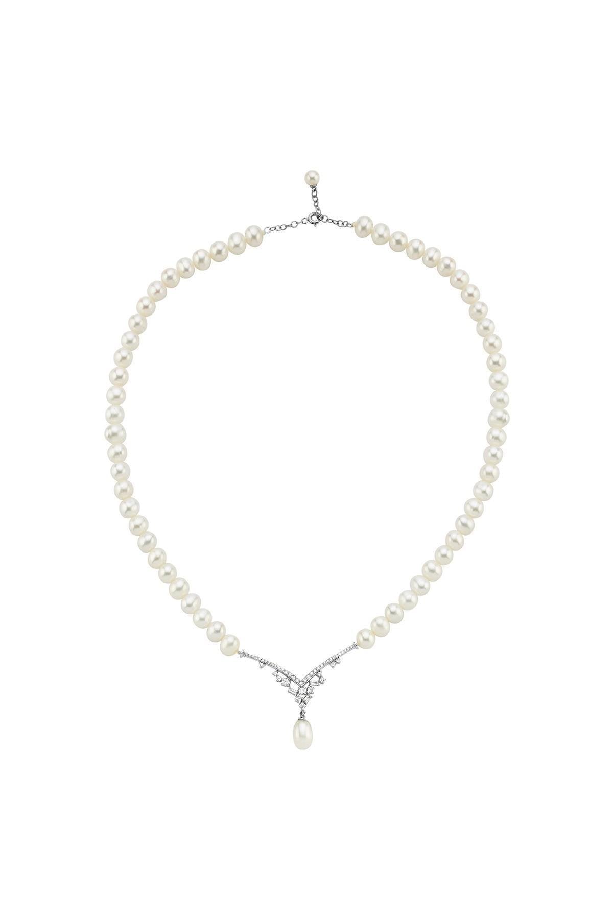 Zirkon Taşlı Doğal İnci Sallantılı Kolye