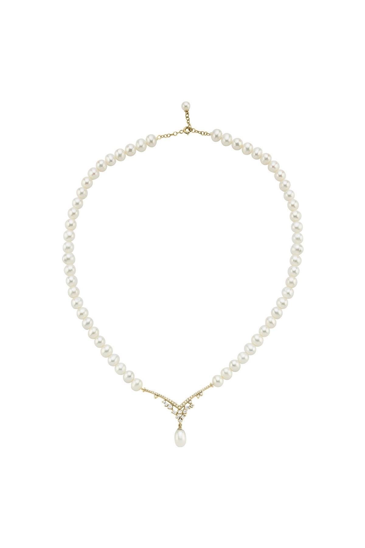 Zirkon Taşlı Doğal İnci Sallantılı Kolye