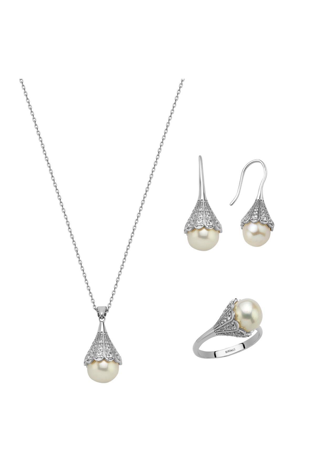 Ampul Modelli Doğal İncili Küpe Kolye Yüzük Üçlü Set