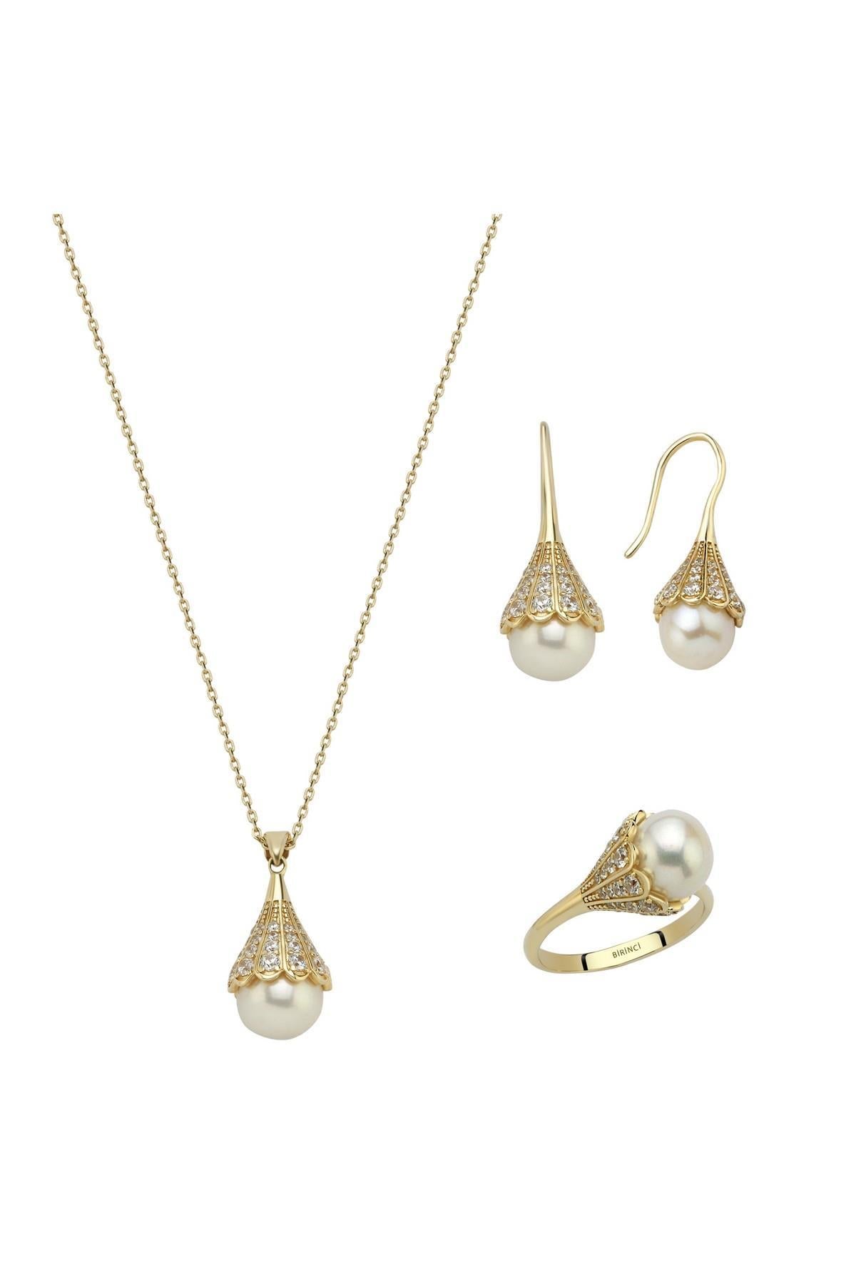 Ampul Modelli Doğal İncili Küpe Kolye Yüzük Üçlü Set