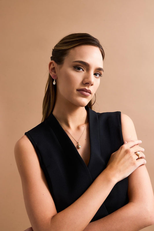 Ampul Modelli Doğal İncili Küpe Kolye Yüzük Üçlü Set