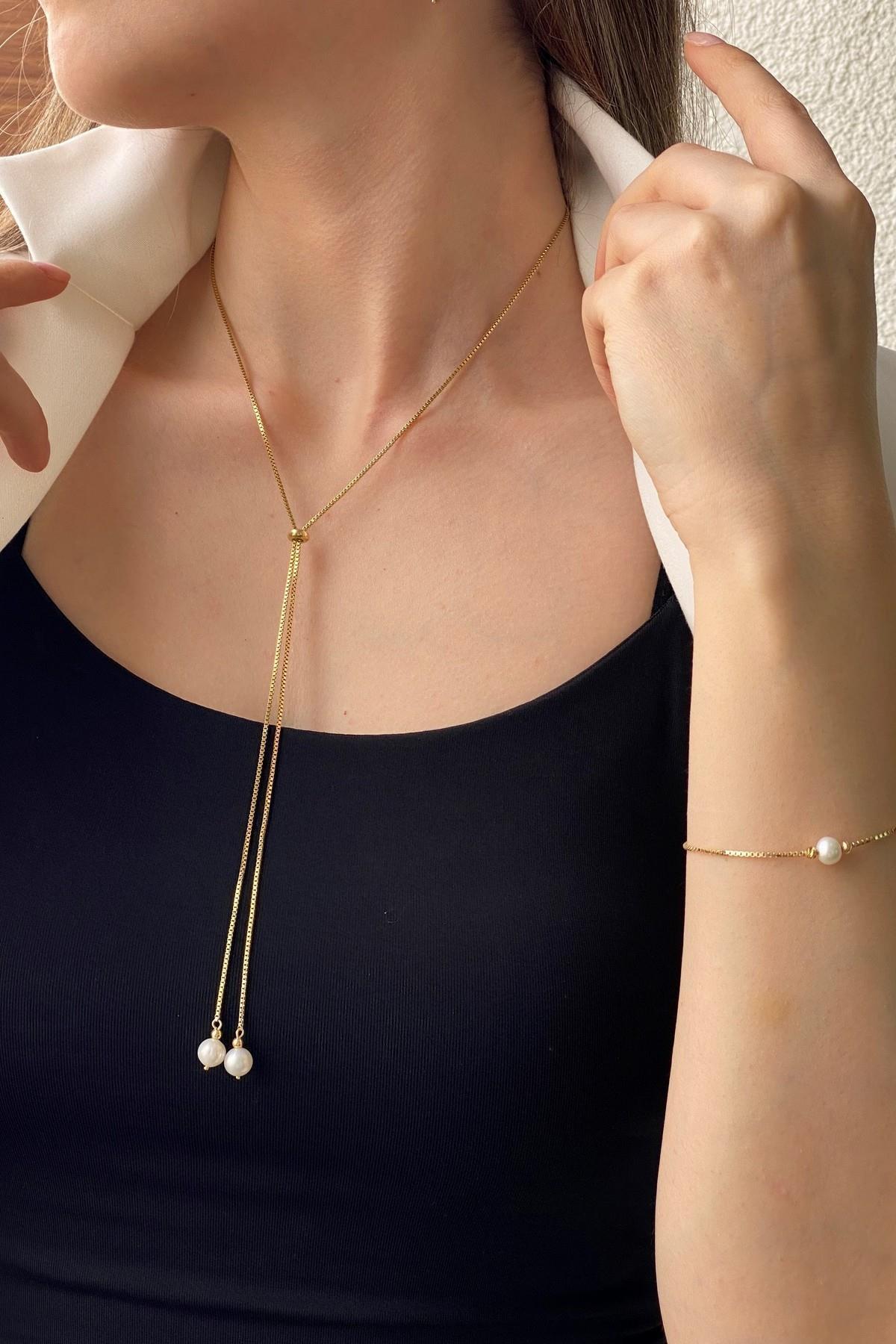 Asansör Zincirli Doğal İnci Kolye