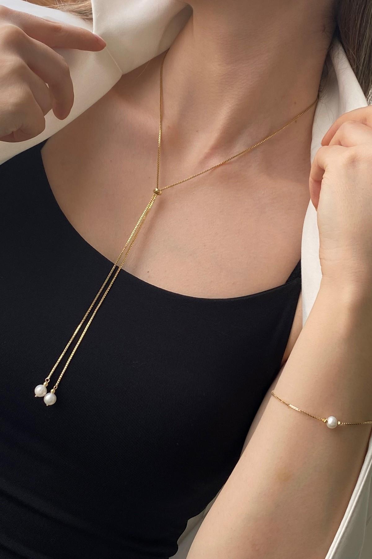 Asansör Zincirli Doğal İnci Kolye