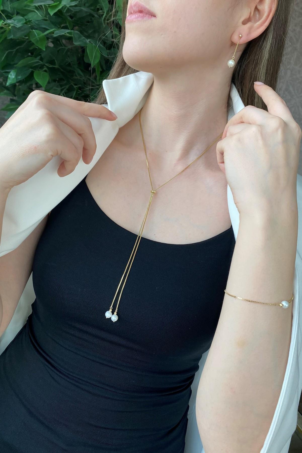 Asansörlü Doğal İnci Küpe Kolye Bileklik Üçlü Set