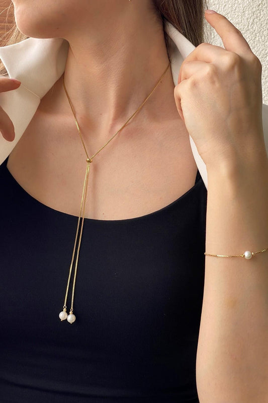 Asansörlü Doğal İnci Kolye Bileklik İkili Set