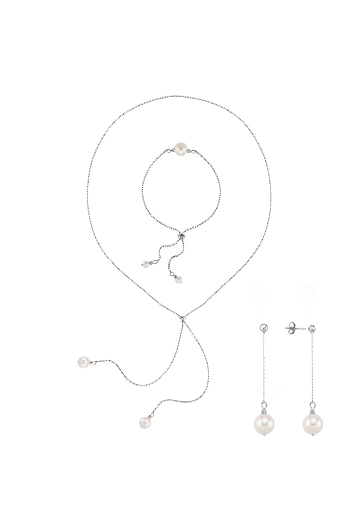 Asansörlü Doğal İnci Küpe Kolye Bileklik Üçlü Set