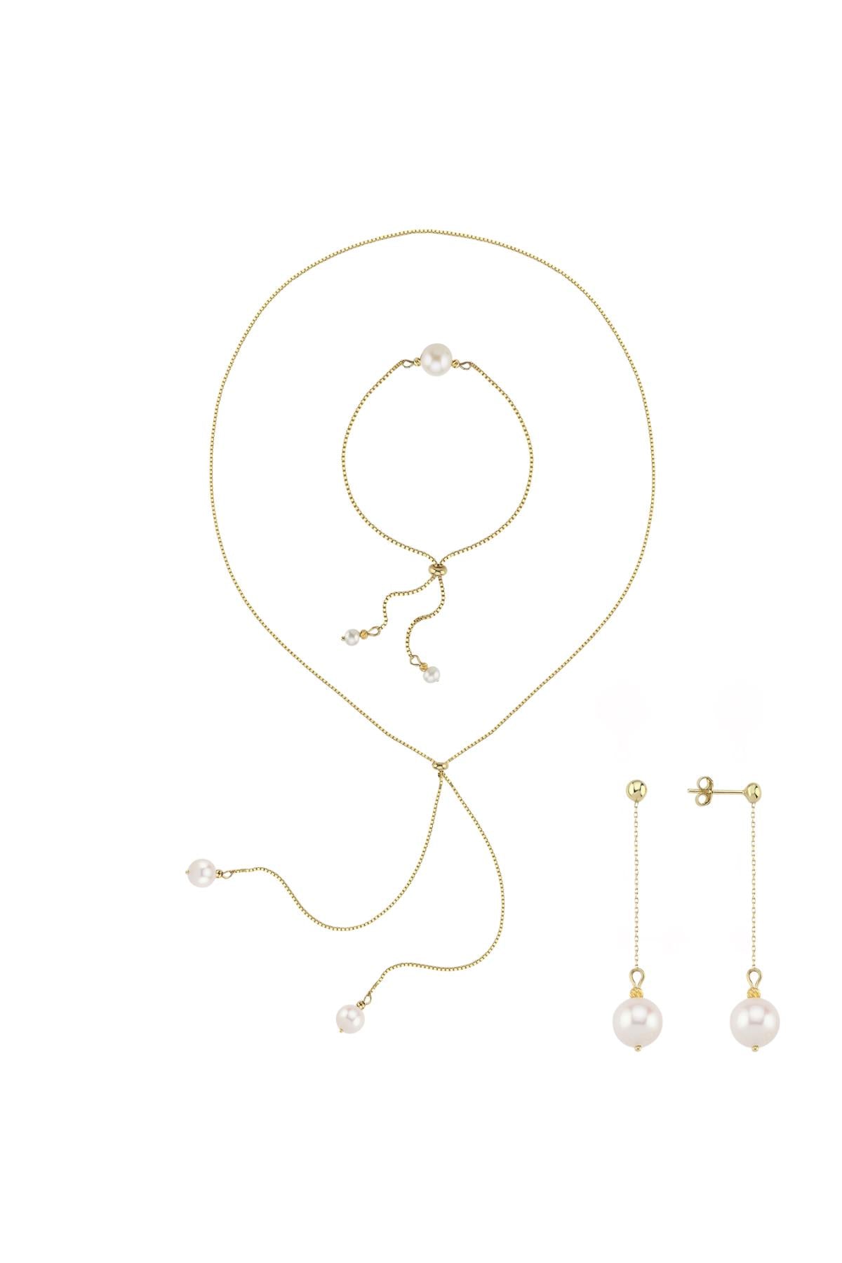 Asansörlü Doğal İnci Küpe Kolye Bileklik Üçlü Set