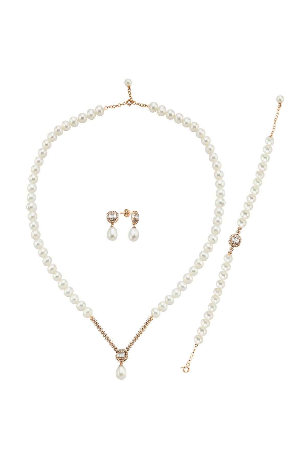 Baget Doğal İnci Küpe Kolye Bileklik Üçlü Set