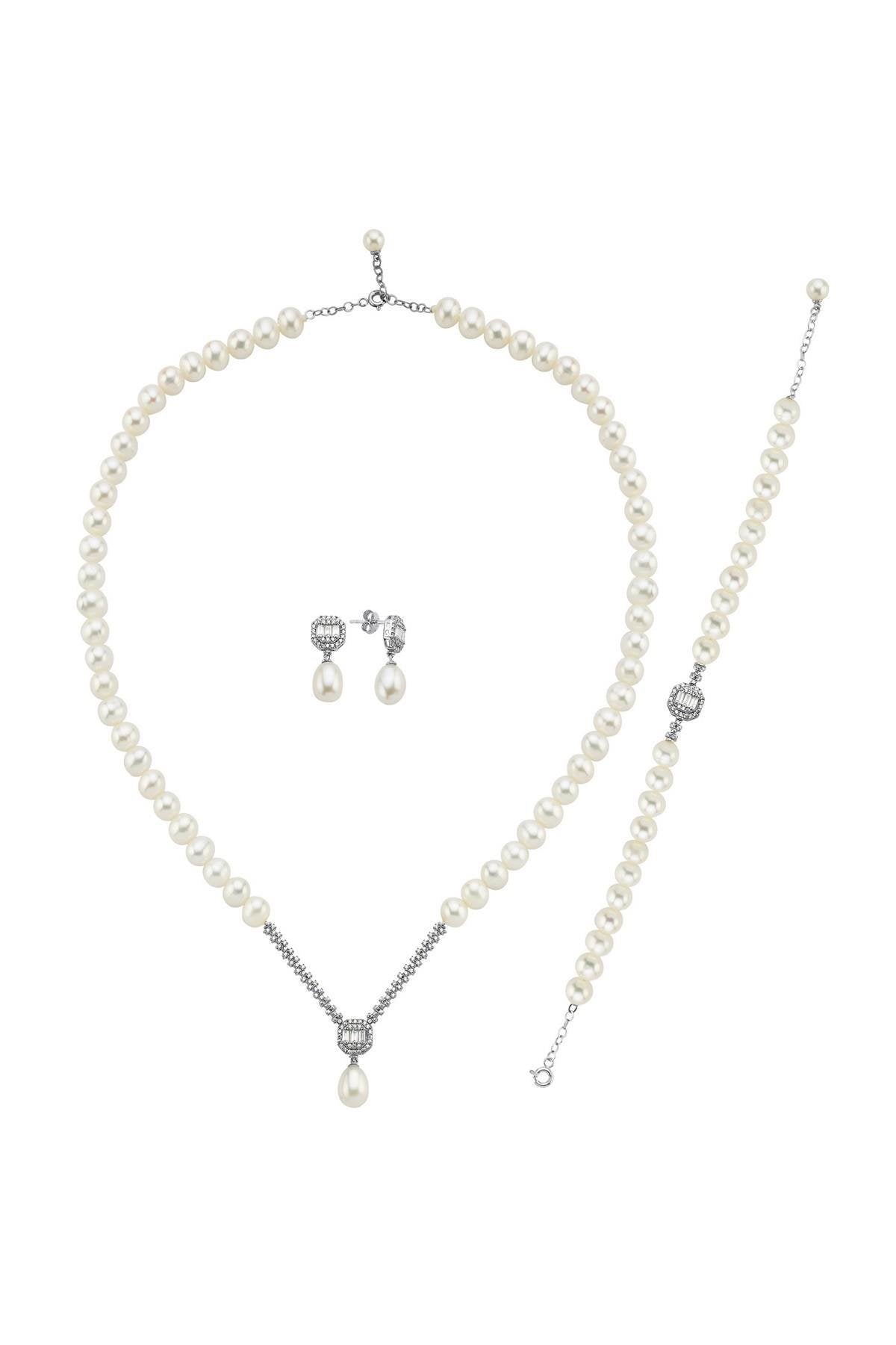 Baget Doğal İnci Küpe Kolye Bileklik Üçlü Set