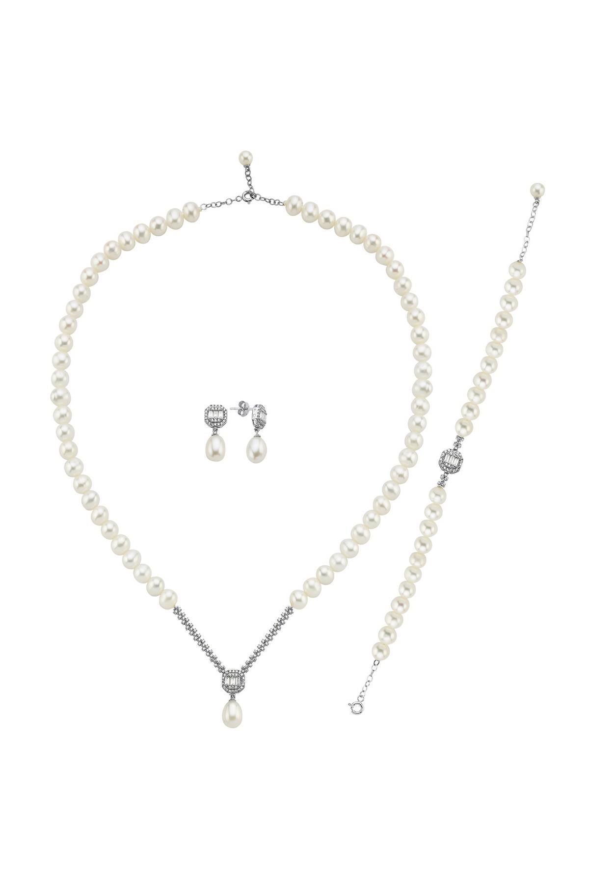 Baget Doğal İnci Küpe Kolye Bileklik Üçlü Set