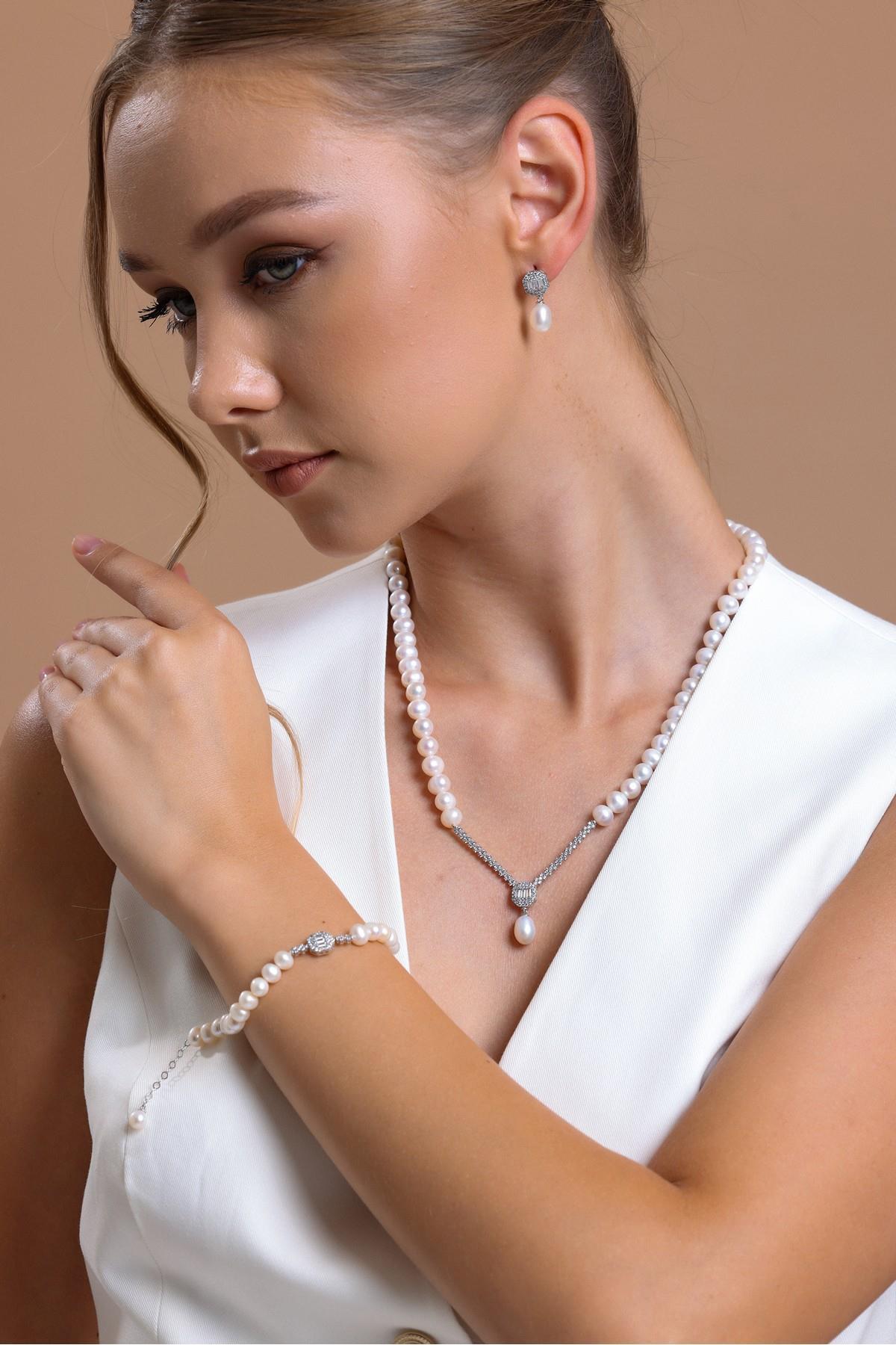 Baget Doğal İnci Küpe Kolye Bileklik Üçlü Set