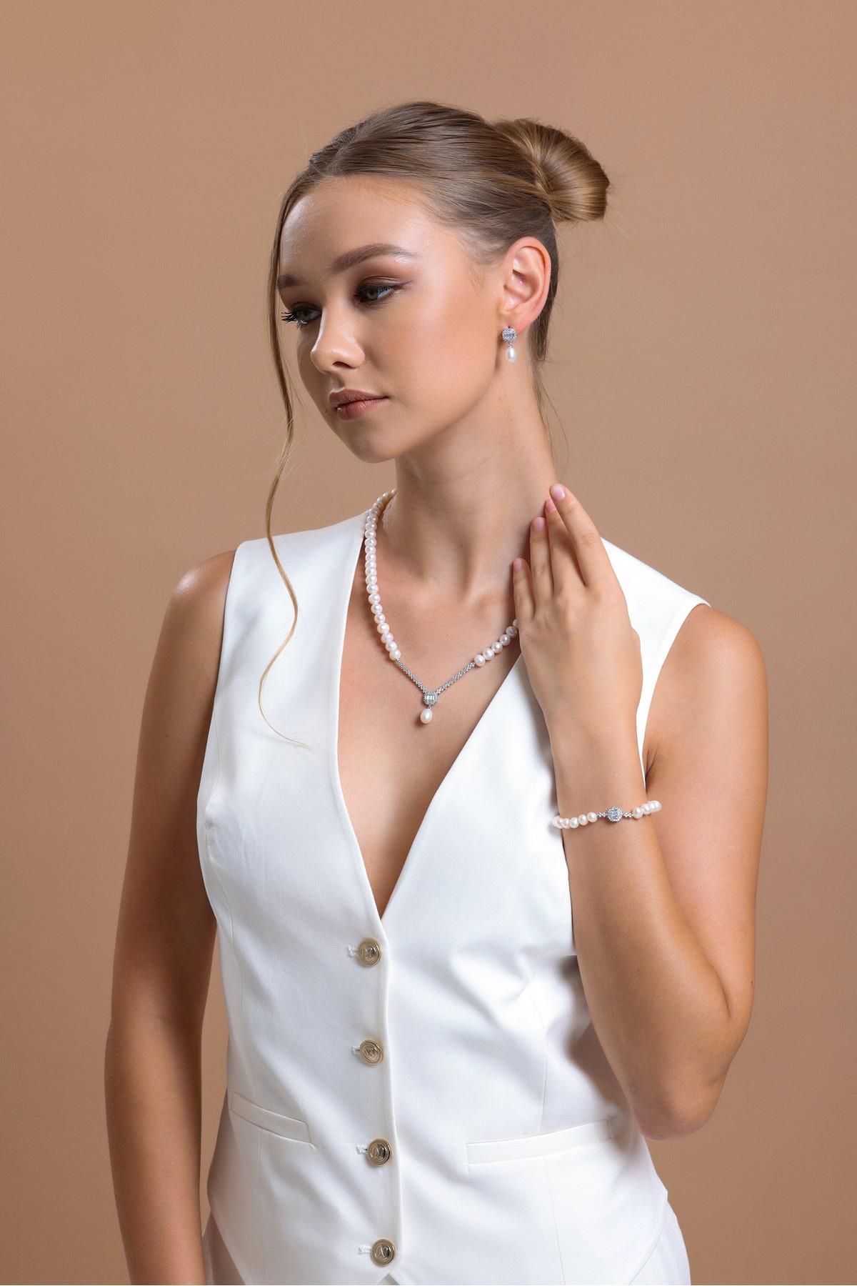 Baget Doğal İnci Küpe Kolye Bileklik Üçlü Set