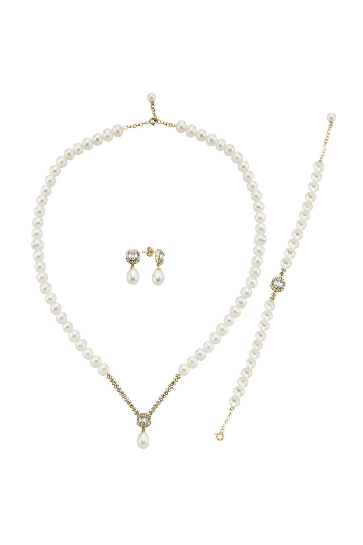 Baget Doğal İnci Küpe Kolye Bileklik Üçlü Set