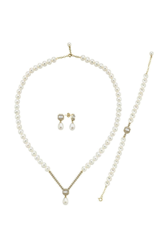 Baget Doğal İnci Küpe Kolye Bileklik Üçlü Set