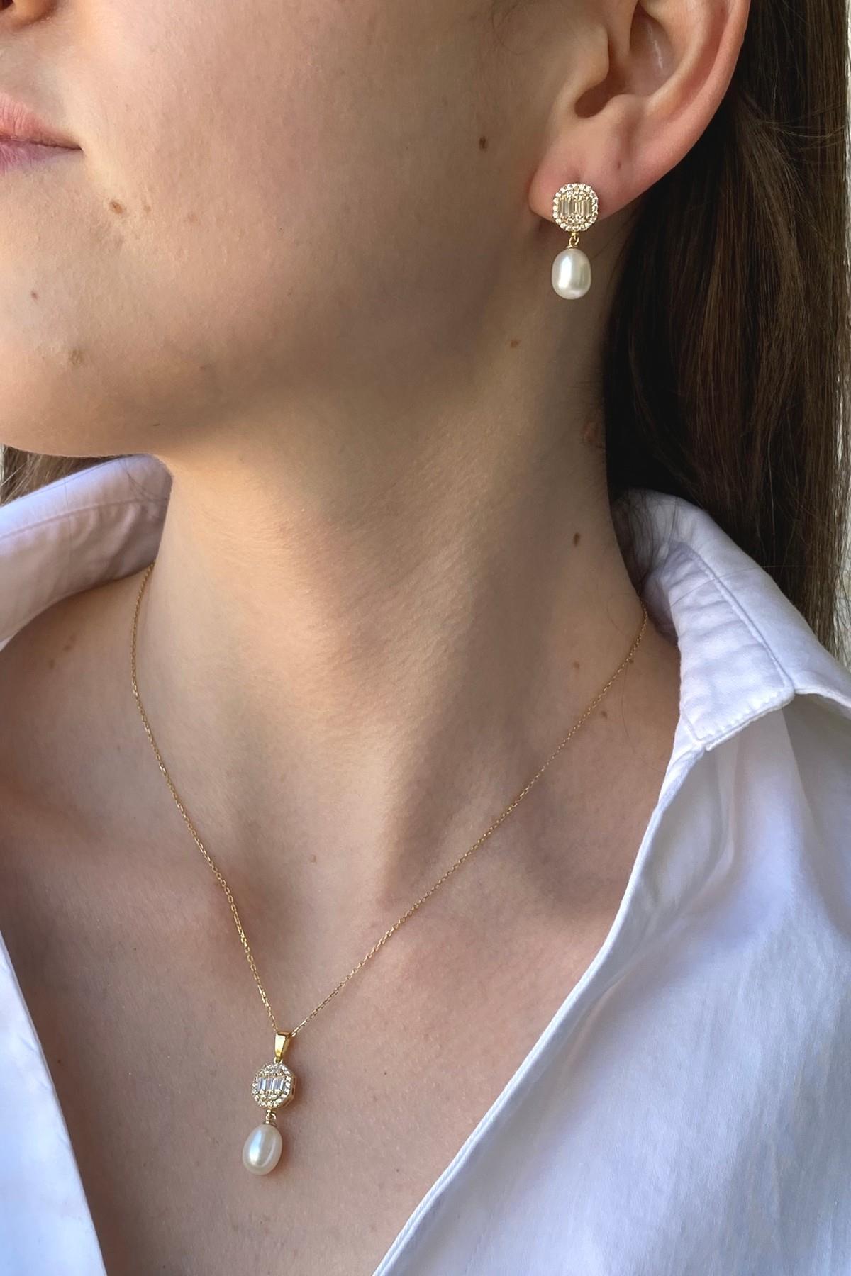 Baget Sekizgen Doğal İncili Sallantı Küpe Kolye İkili Set