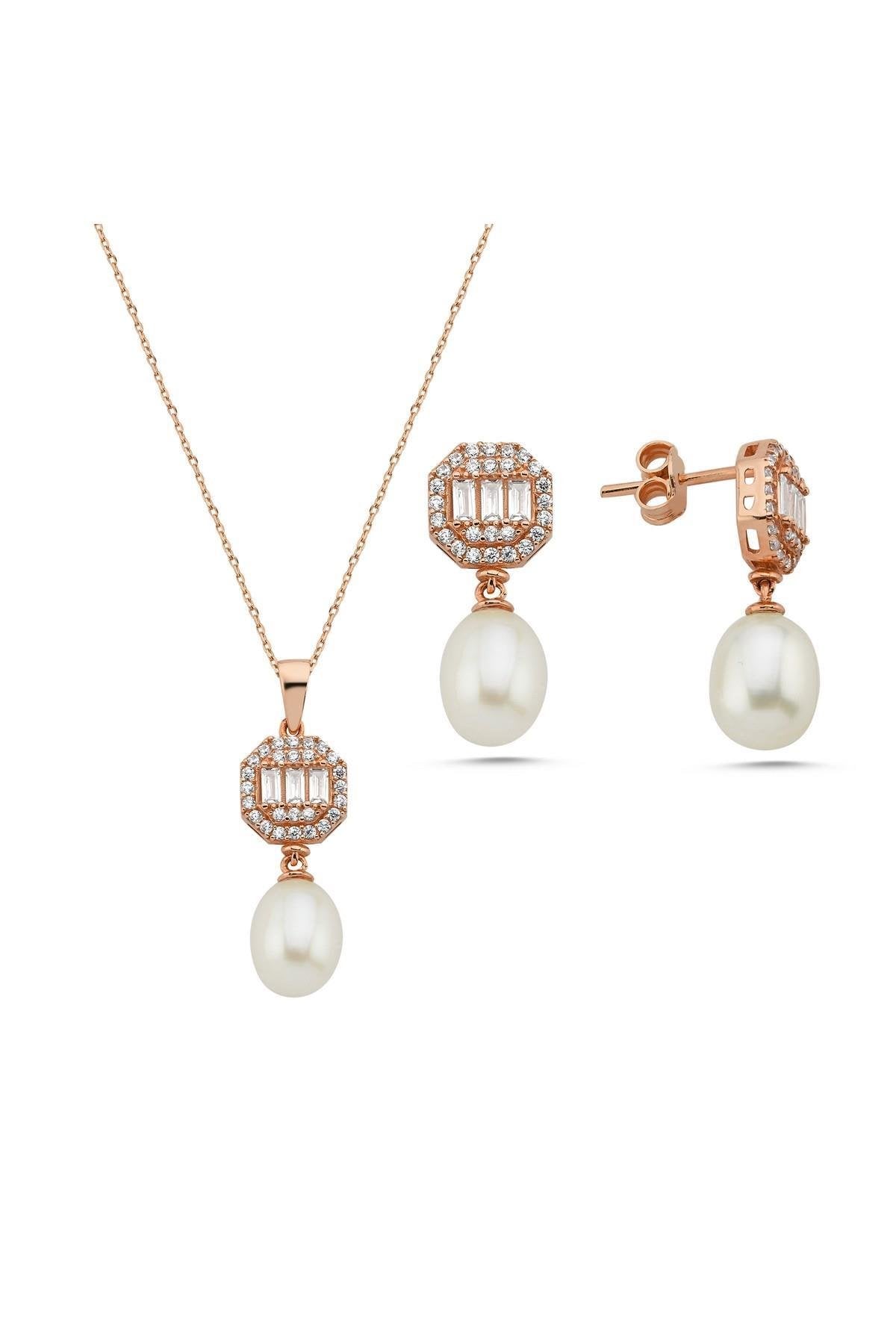 Baget Sekizgen Doğal İncili Sallantı Küpe Kolye İkili Set