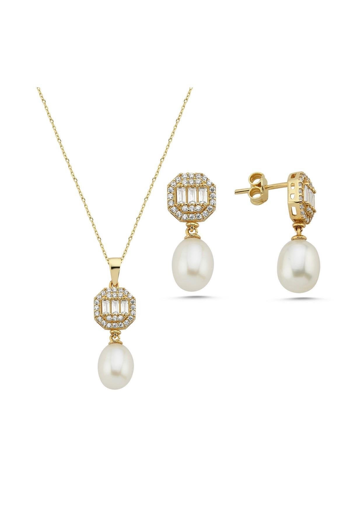 Baget Sekizgen Doğal İncili Sallantı Küpe Kolye İkili Set