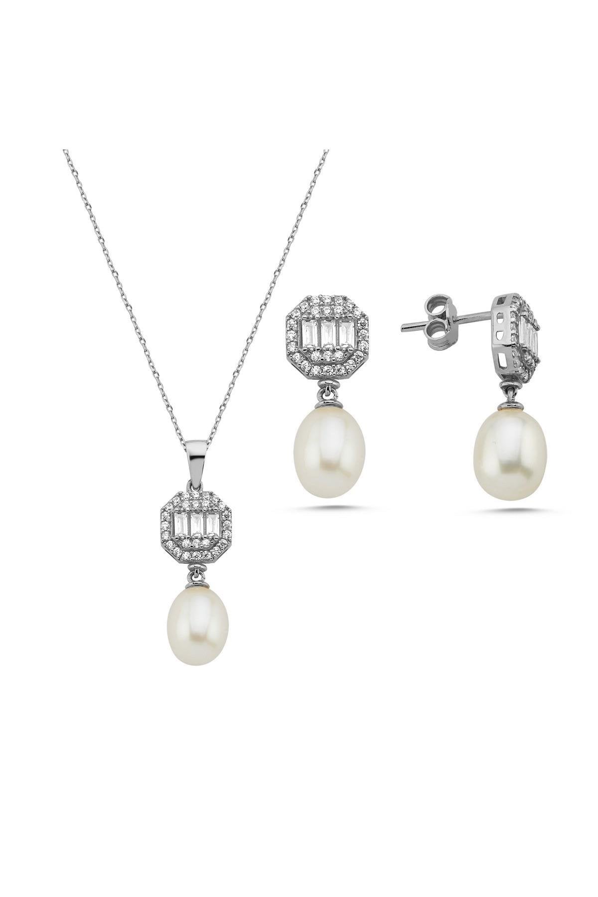 Baget Sekizgen Doğal İncili Sallantı Küpe Kolye İkili Set