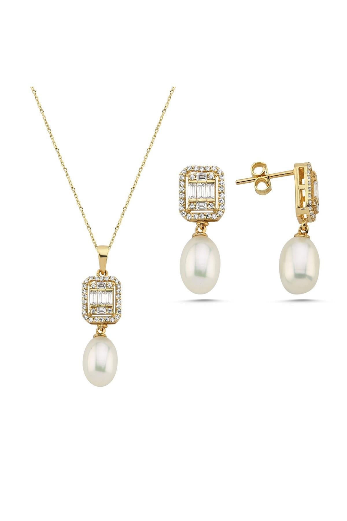 Baget Taş Doğal İnci Sallantı Küpe Kolye İkili Set