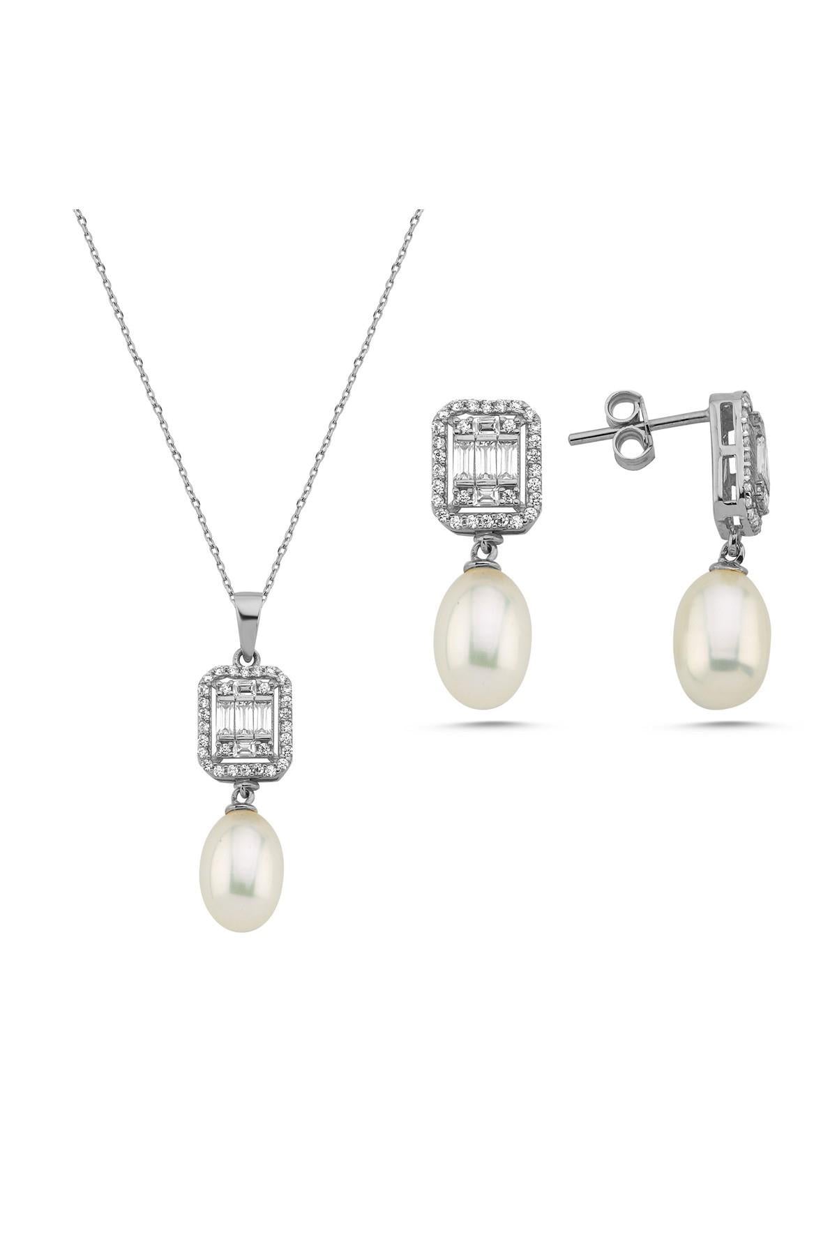 Baget Taş Doğal İnci Sallantı Küpe Kolye İkili Set