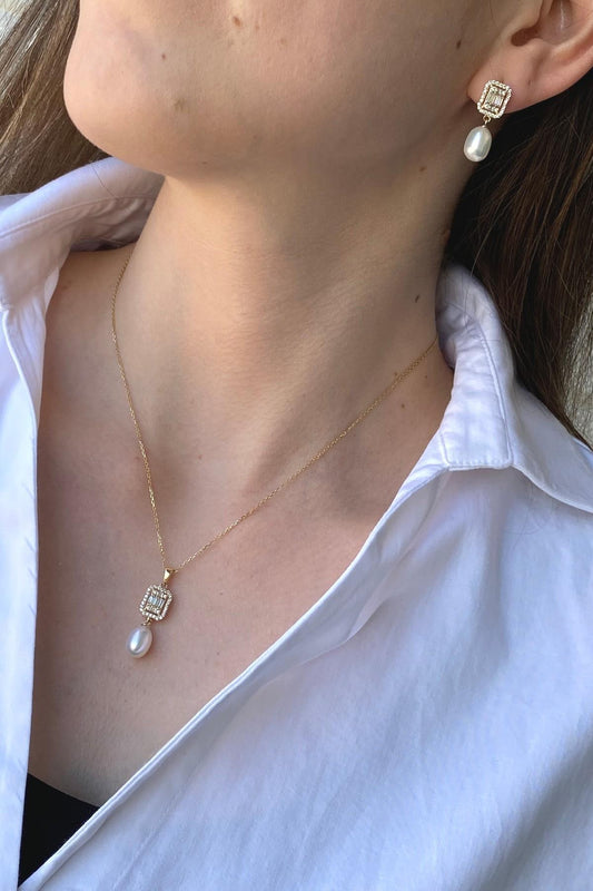 Baget Taş Doğal İnci Sallantı Küpe Kolye İkili Set