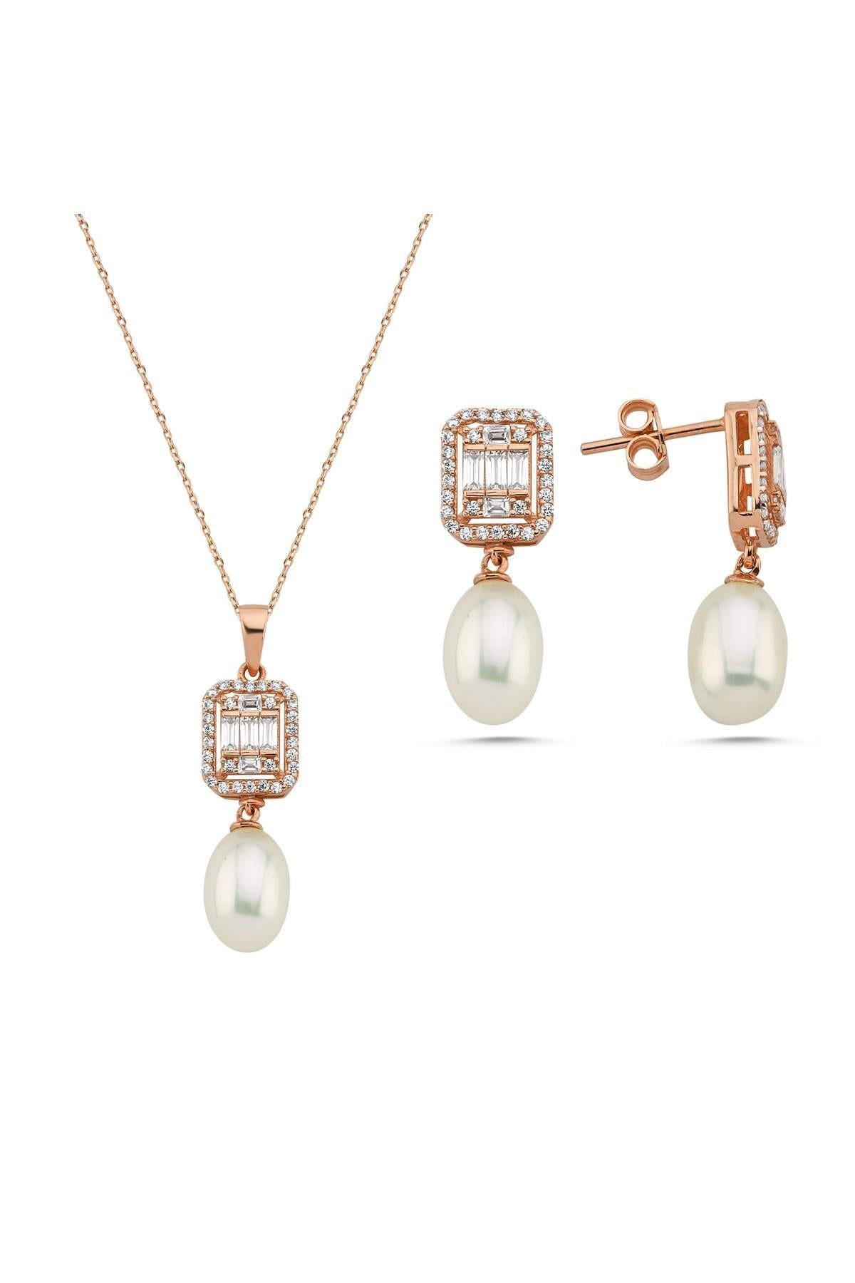 Baget Taş Doğal İnci Sallantı Küpe Kolye İkili Set