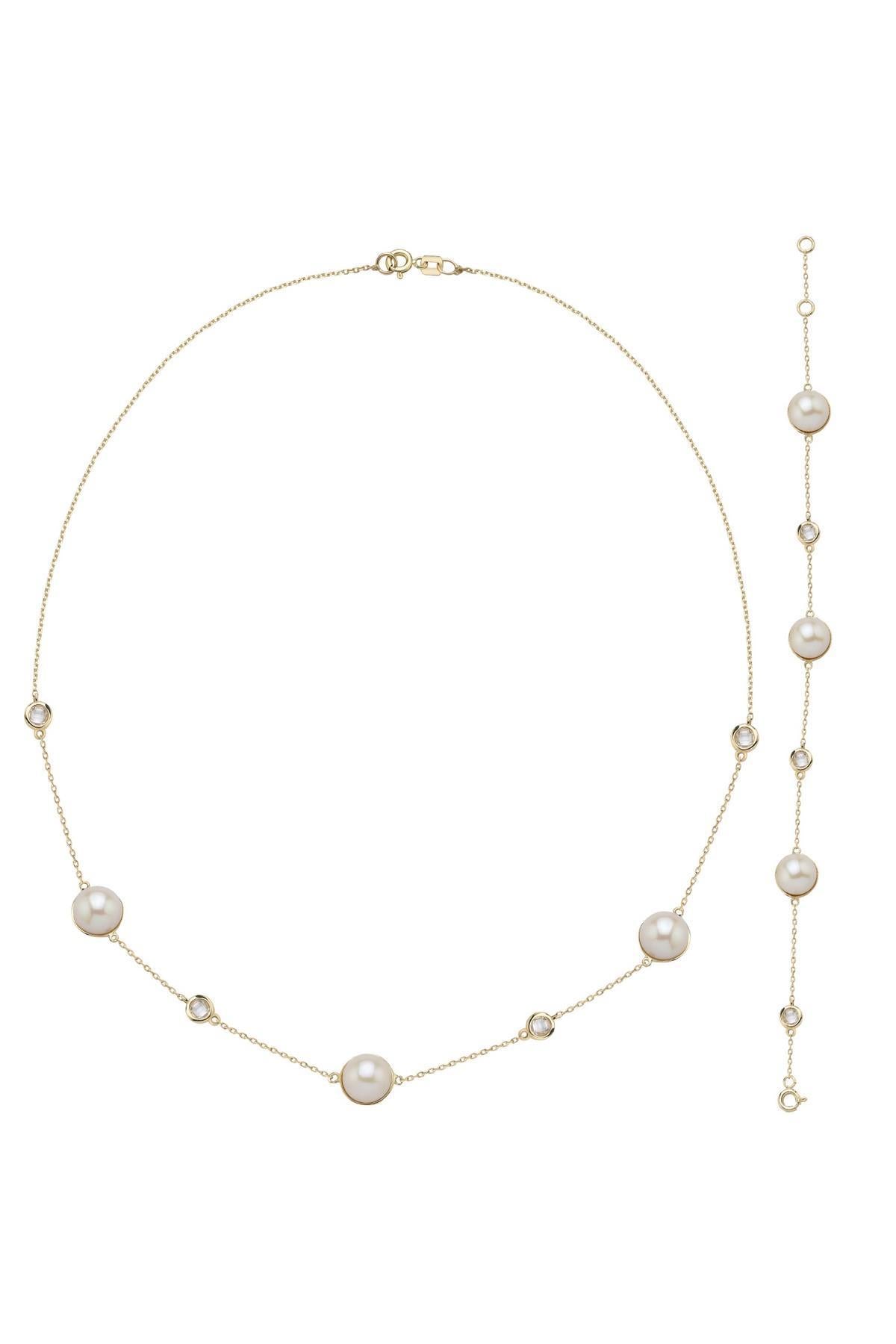 Doğal İncili Zirkon Taşlı Kolye Bileklik İkili Set