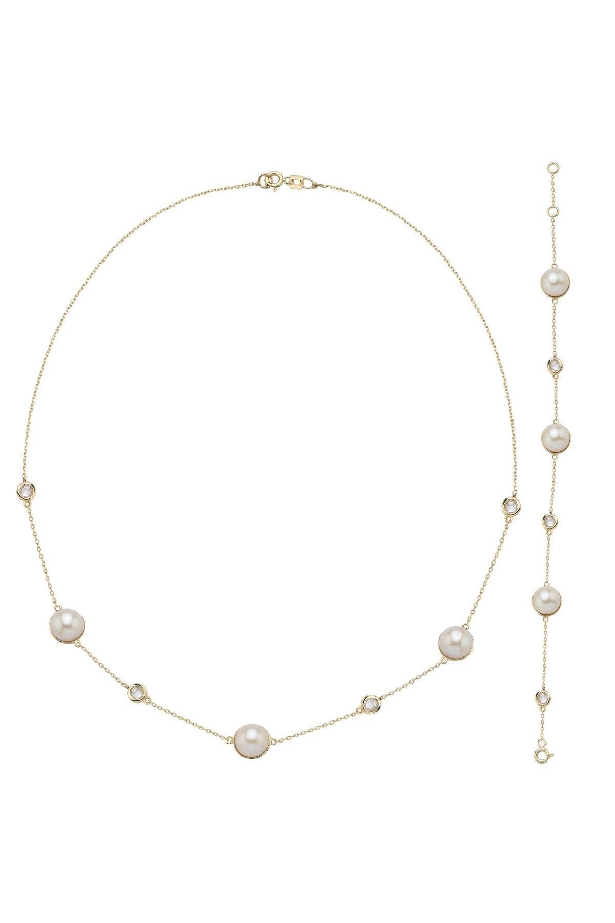 Doğal İncili Zirkon Taşlı Kolye Bileklik İkili Set