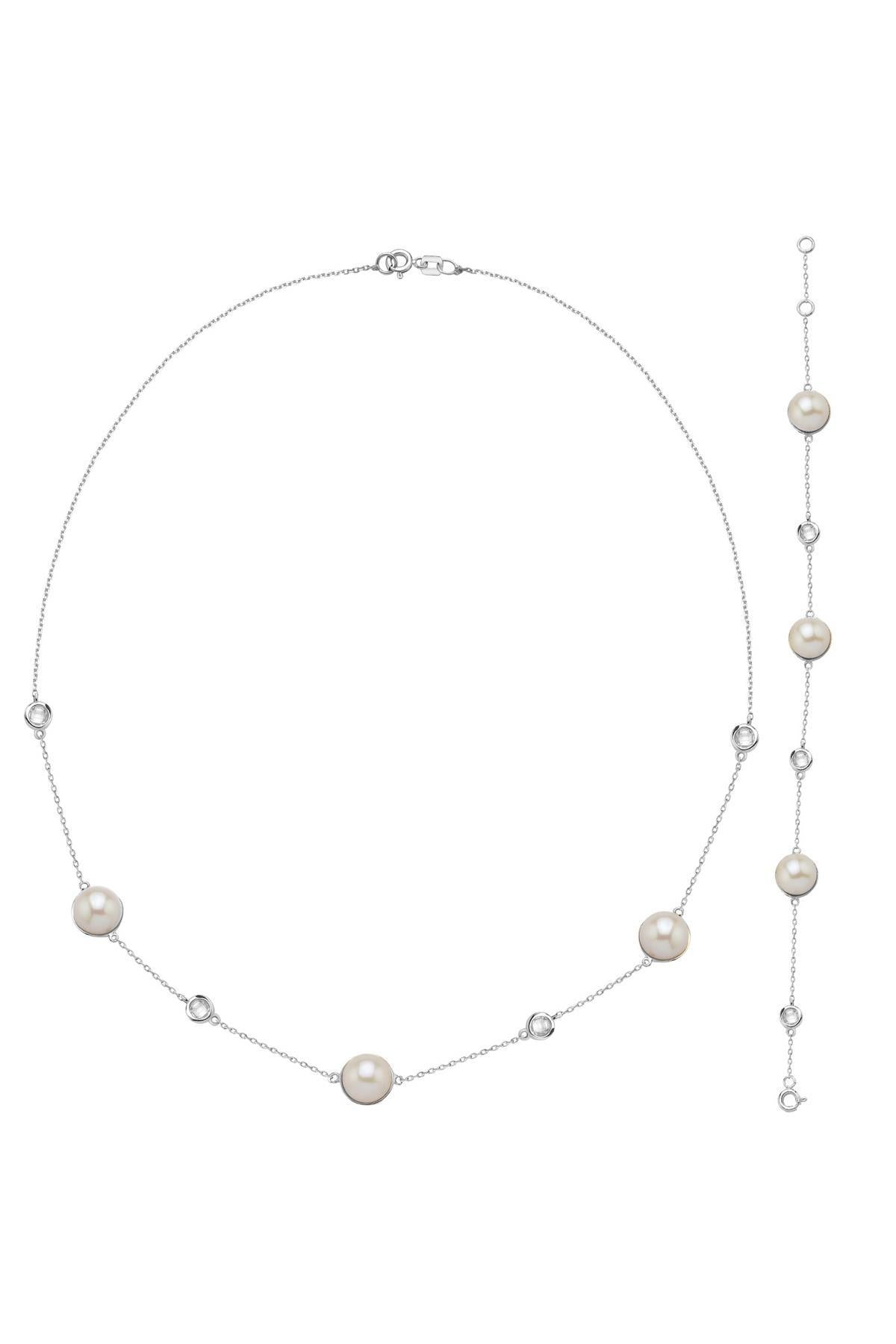 Doğal İncili Zirkon Taşlı Kolye Bileklik İkili Set