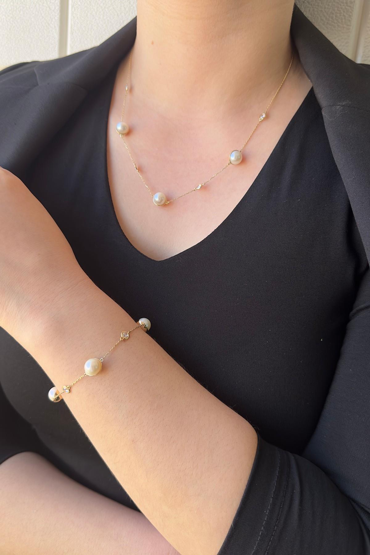 Doğal İncili Zirkon Taşlı Kolye Bileklik İkili Set