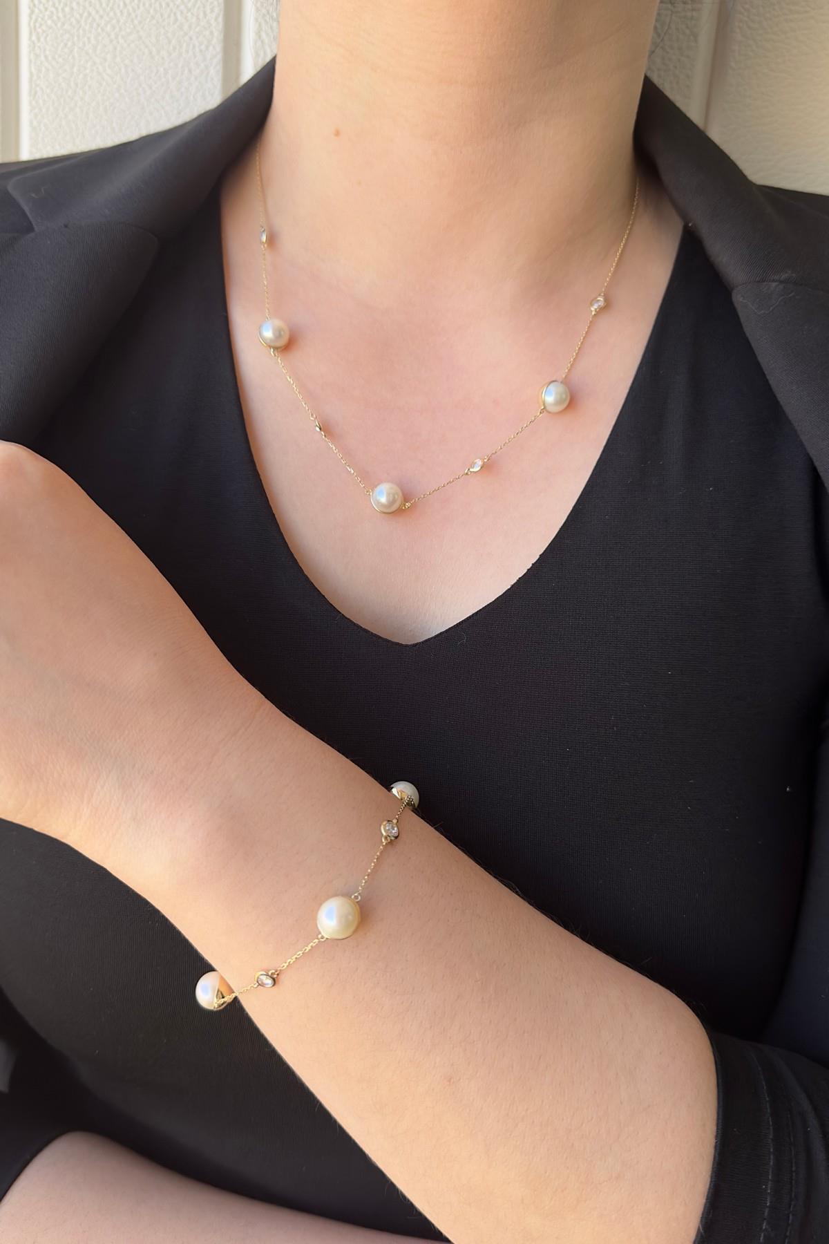 Doğal İncili Zirkon Taşlı Kolye Bileklik İkili Set