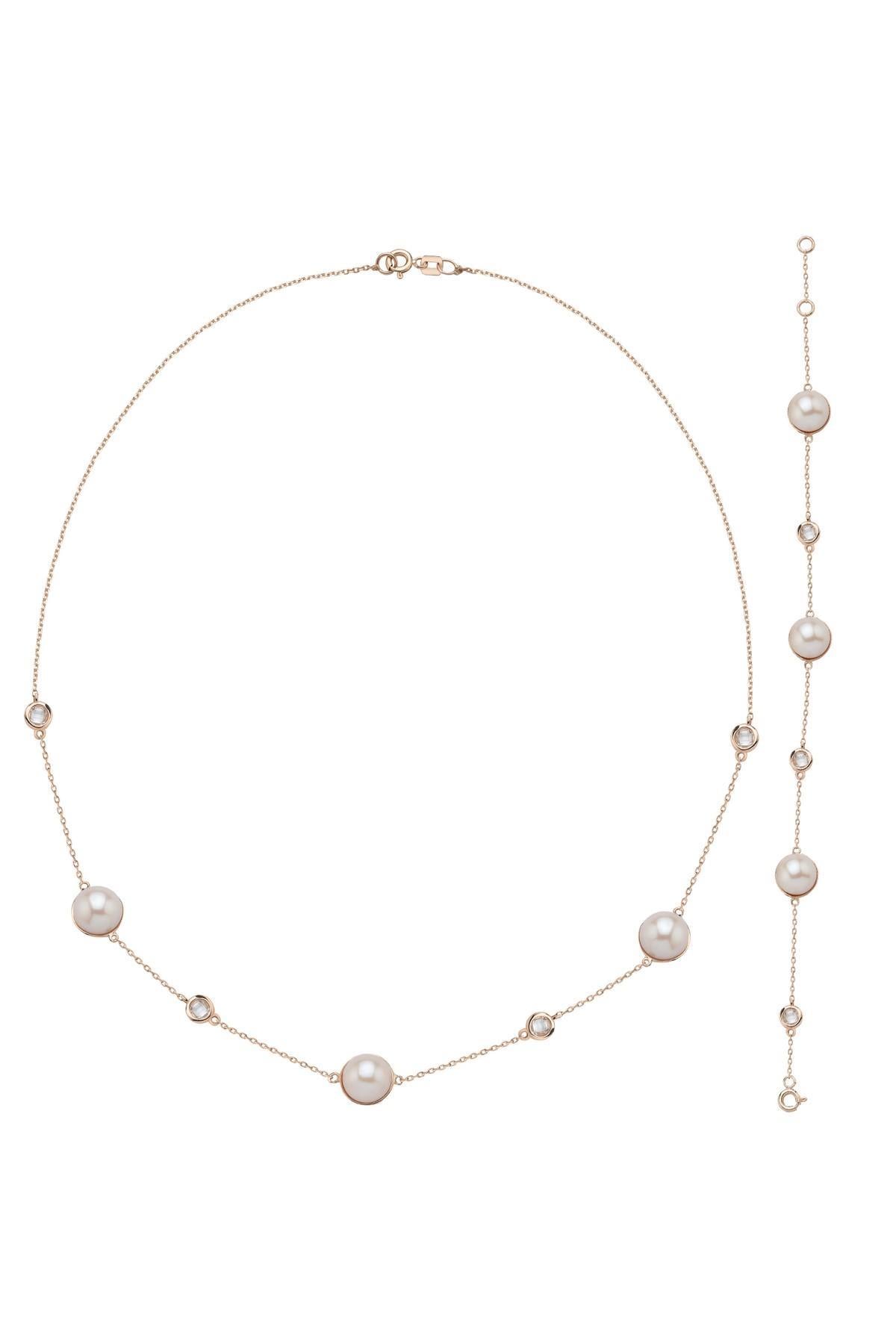 Doğal İncili Zirkon Taşlı Kolye Bileklik İkili Set