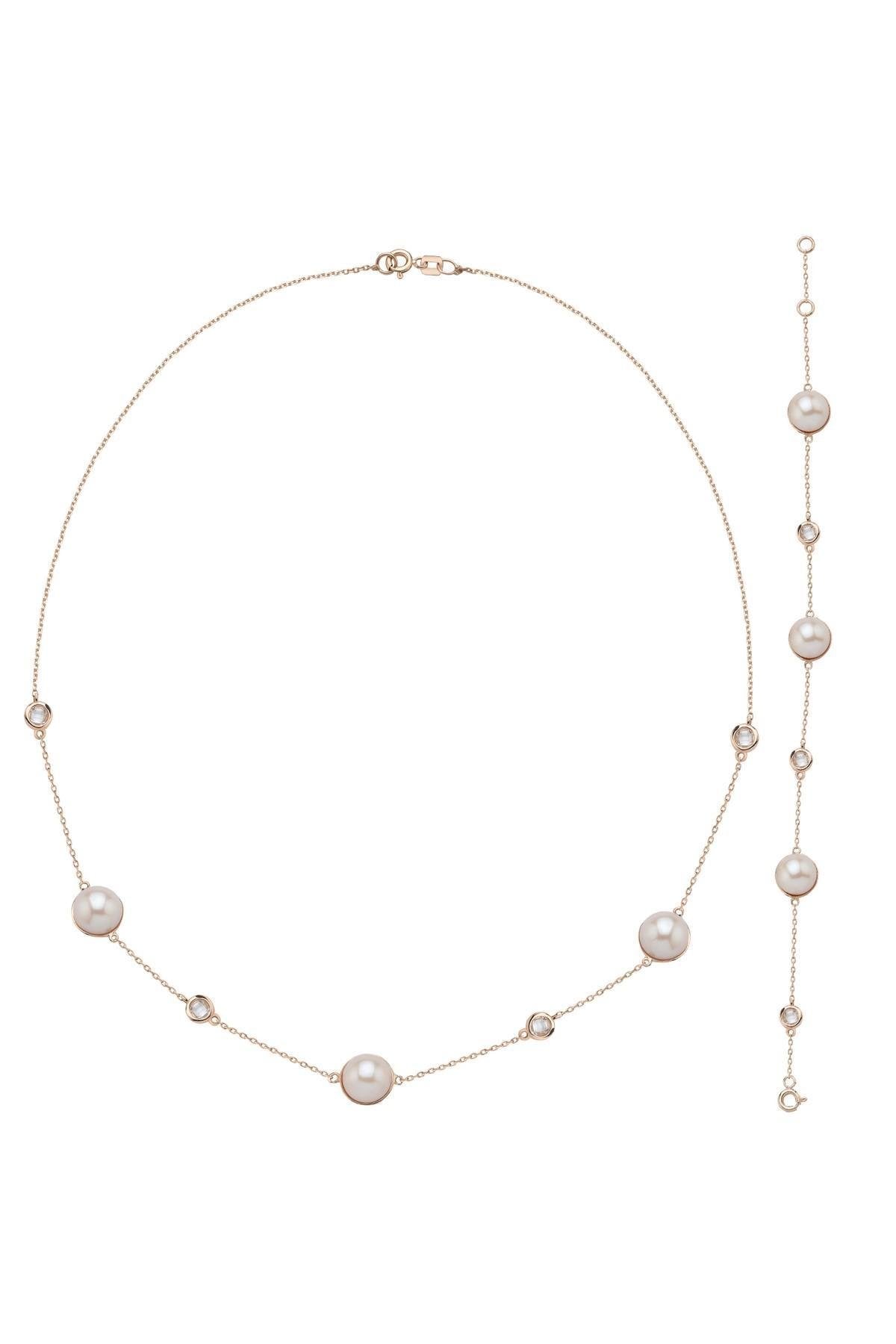 Doğal İncili Zirkon Taşlı Kolye Bileklik İkili Set