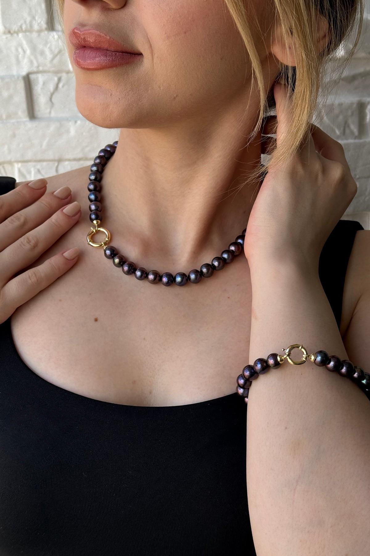 Doğal Siyah İnci Kolye Bileklik İkili Set