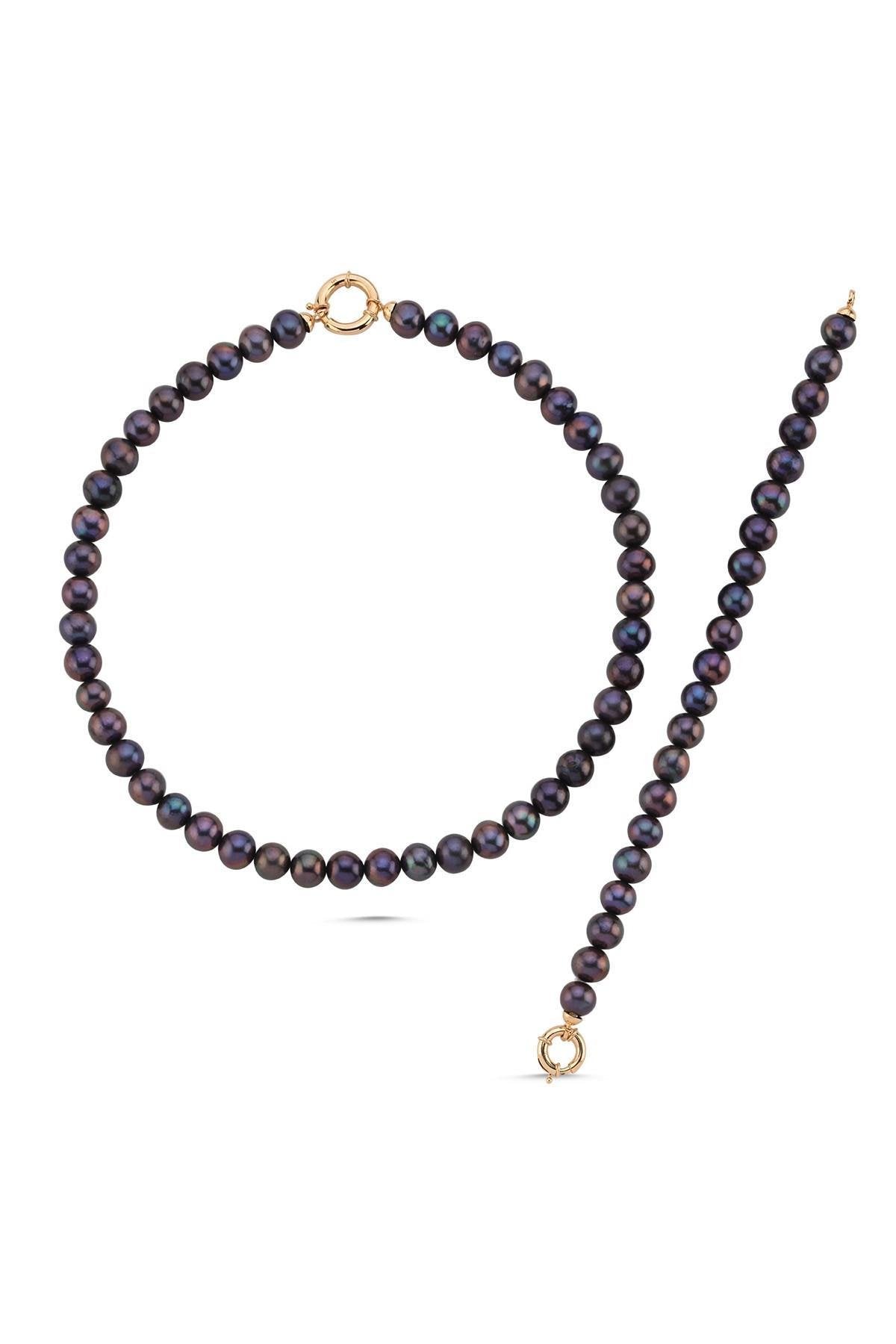 Doğal Siyah İnci Kolye Bileklik İkili Set