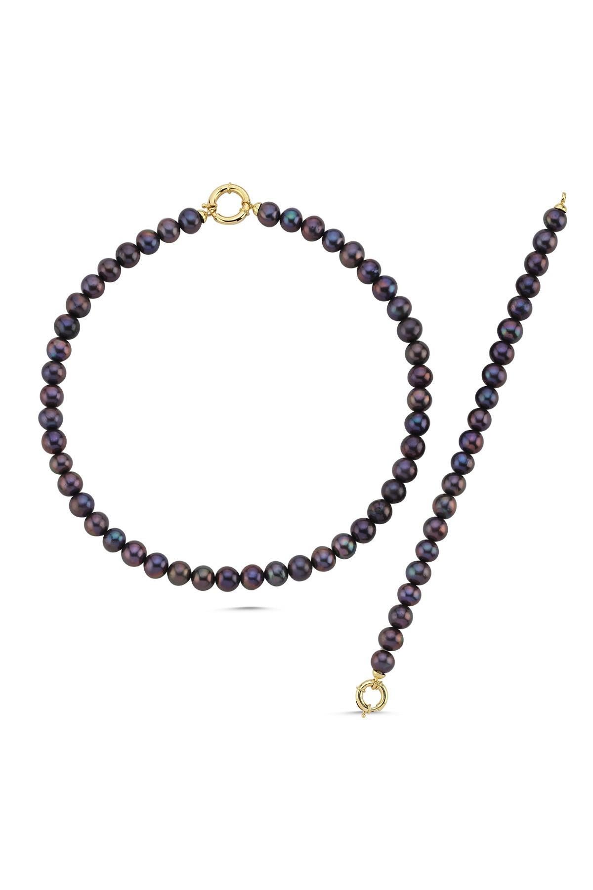 Doğal Siyah İnci Kolye Bileklik İkili Set