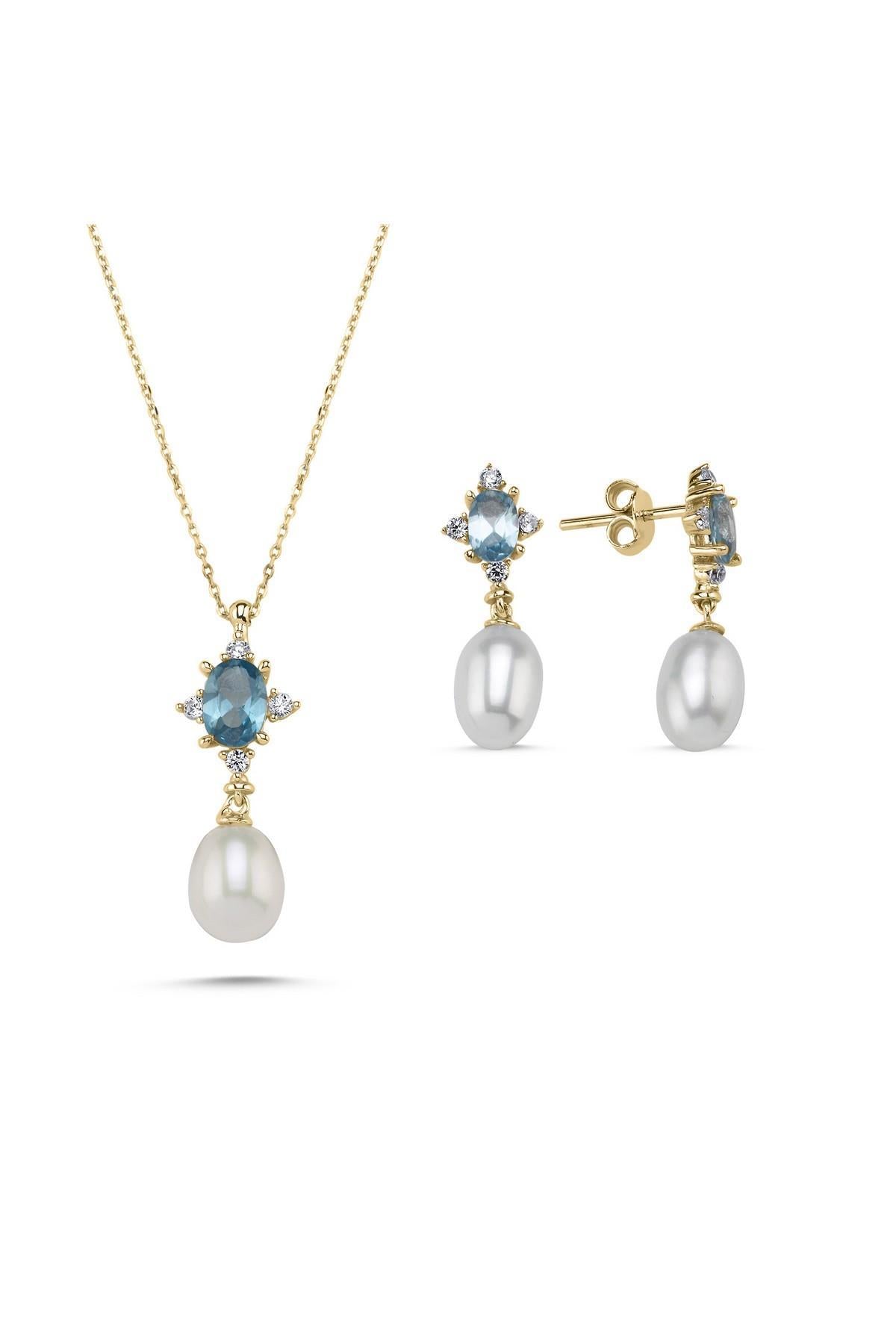 Mavi Renk Taşlı Doğal İnci Sallantı Küpe Kolye İkili Set