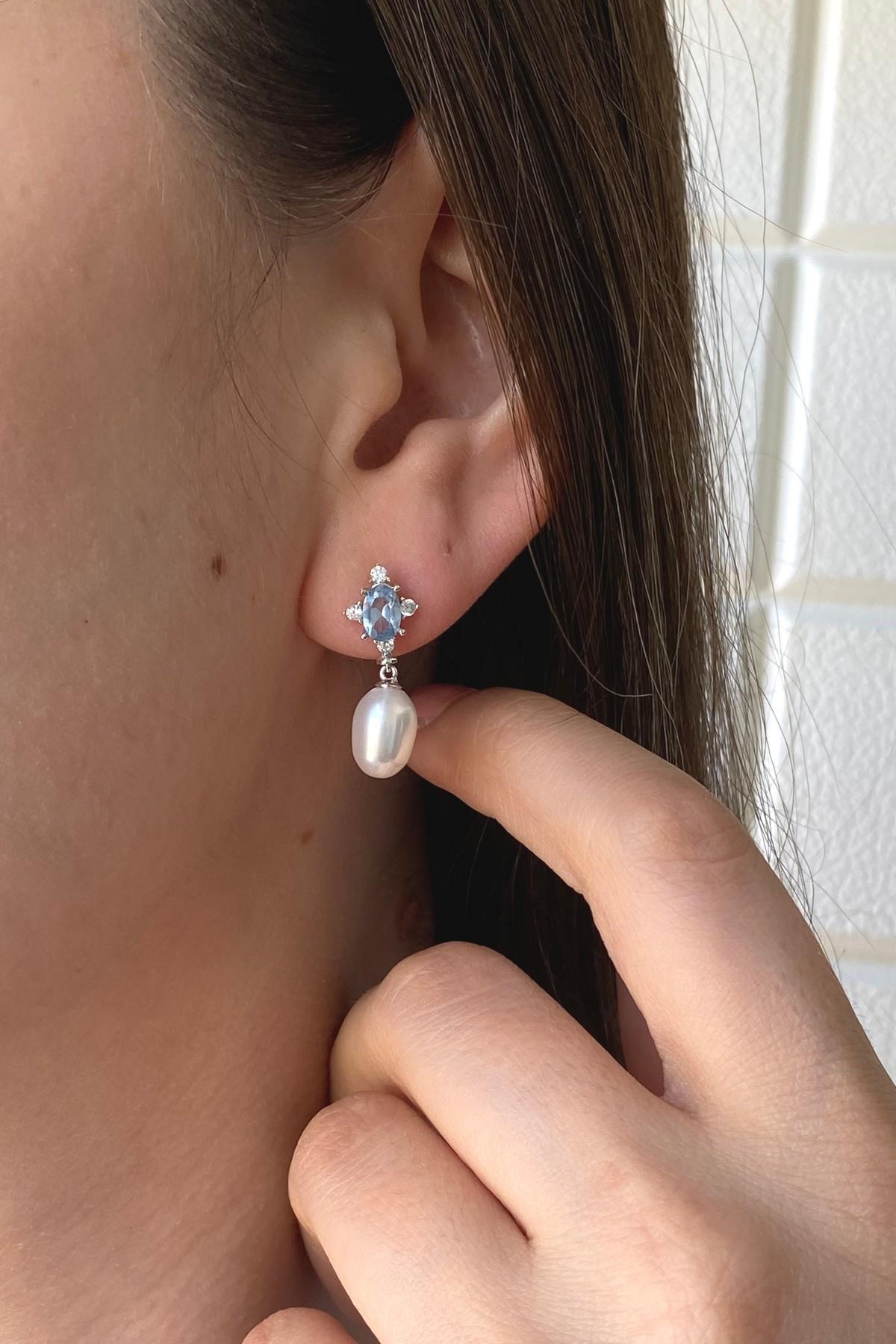 Mavi Renk Taşlı Doğal İnci Sallantı Küpe Kolye İkili Set