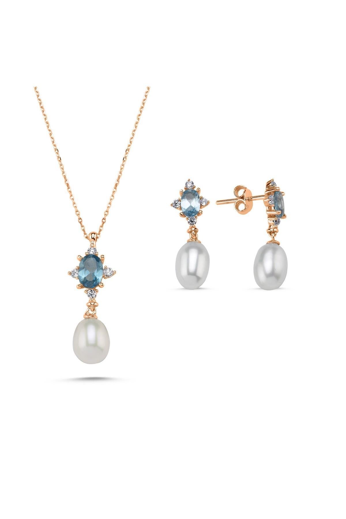 Mavi Renk Taşlı Doğal İnci Sallantı Küpe Kolye İkili Set