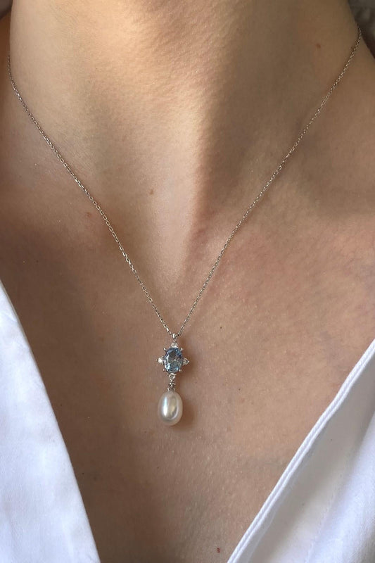 Mavi Renk Taşlı Doğal İnci Sallantı Küpe Kolye İkili Set