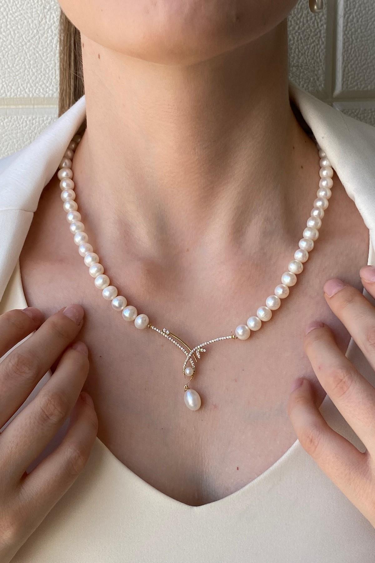 Yaprak Taşlı Doğal İncili Küpe Kolye Bileklik Üçlü Set