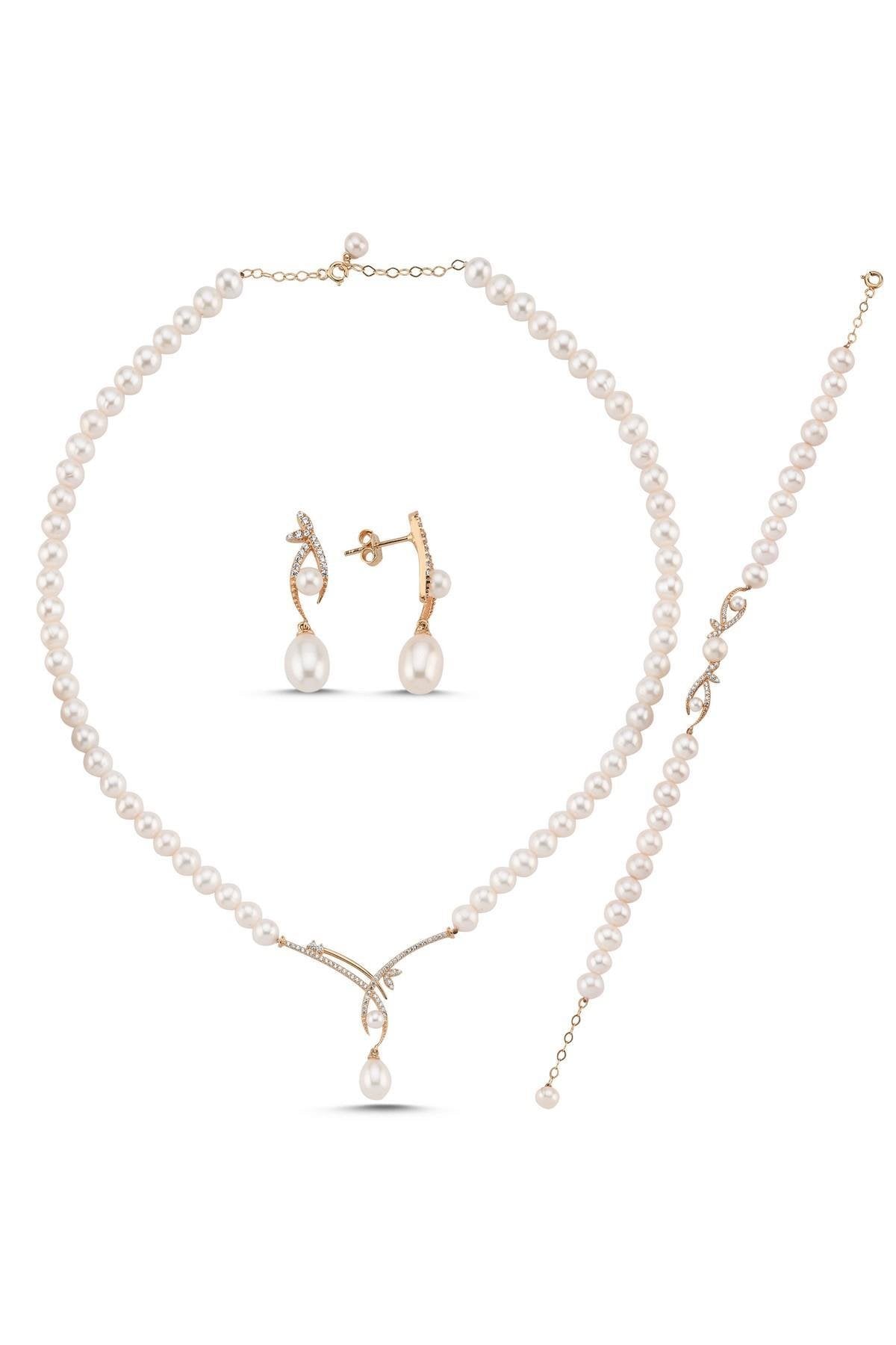 Yaprak Taşlı Doğal İncili Küpe Kolye Bileklik Üçlü Set