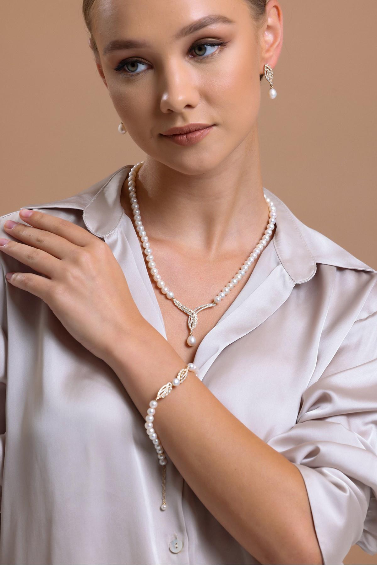 Yaprak Taşlı Doğal İnci Küpe Kolye Bileklik Üçlü Set