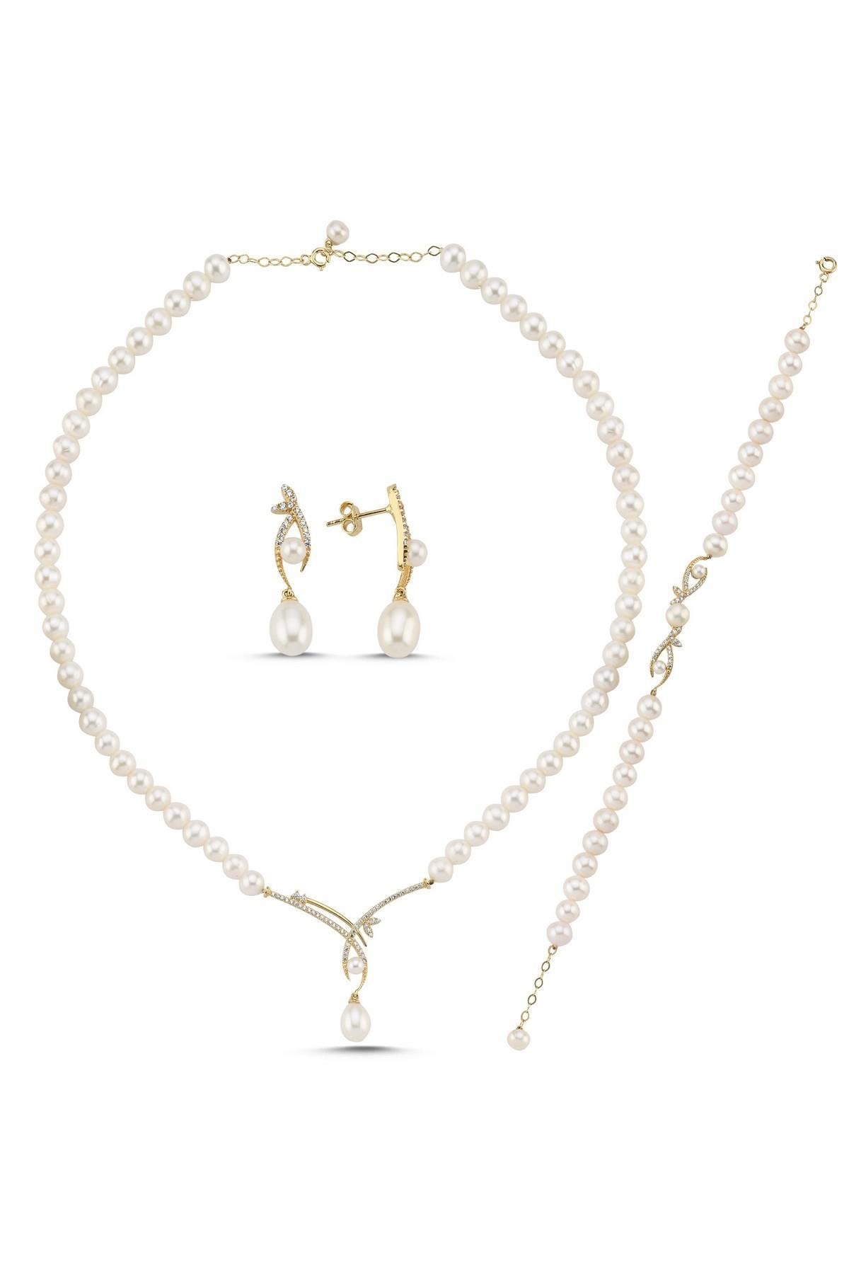 Yaprak Taşlı Doğal İncili Küpe Kolye Bileklik Üçlü Set