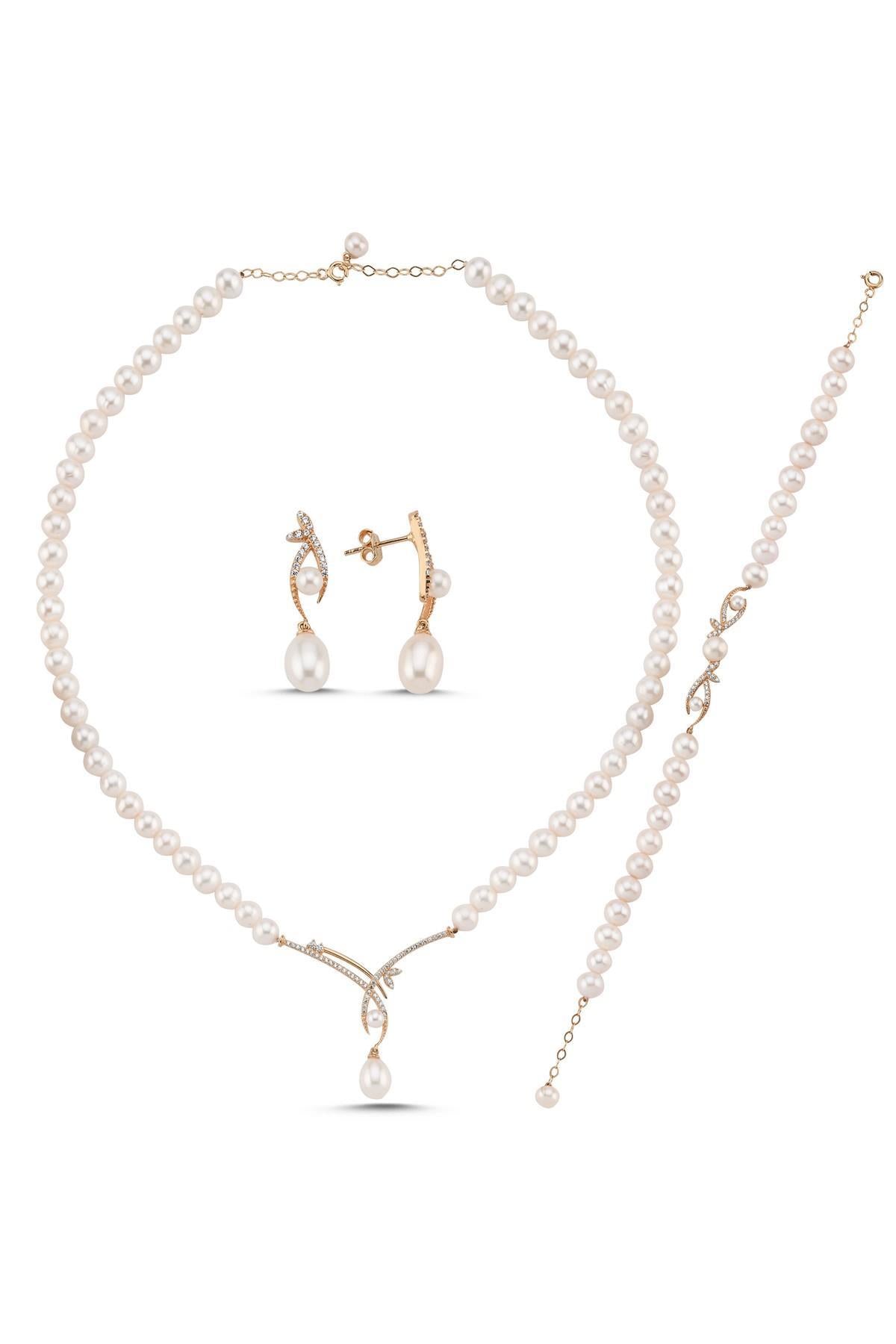 Yaprak Taşlı Doğal İncili Küpe Kolye Bileklik Üçlü Set